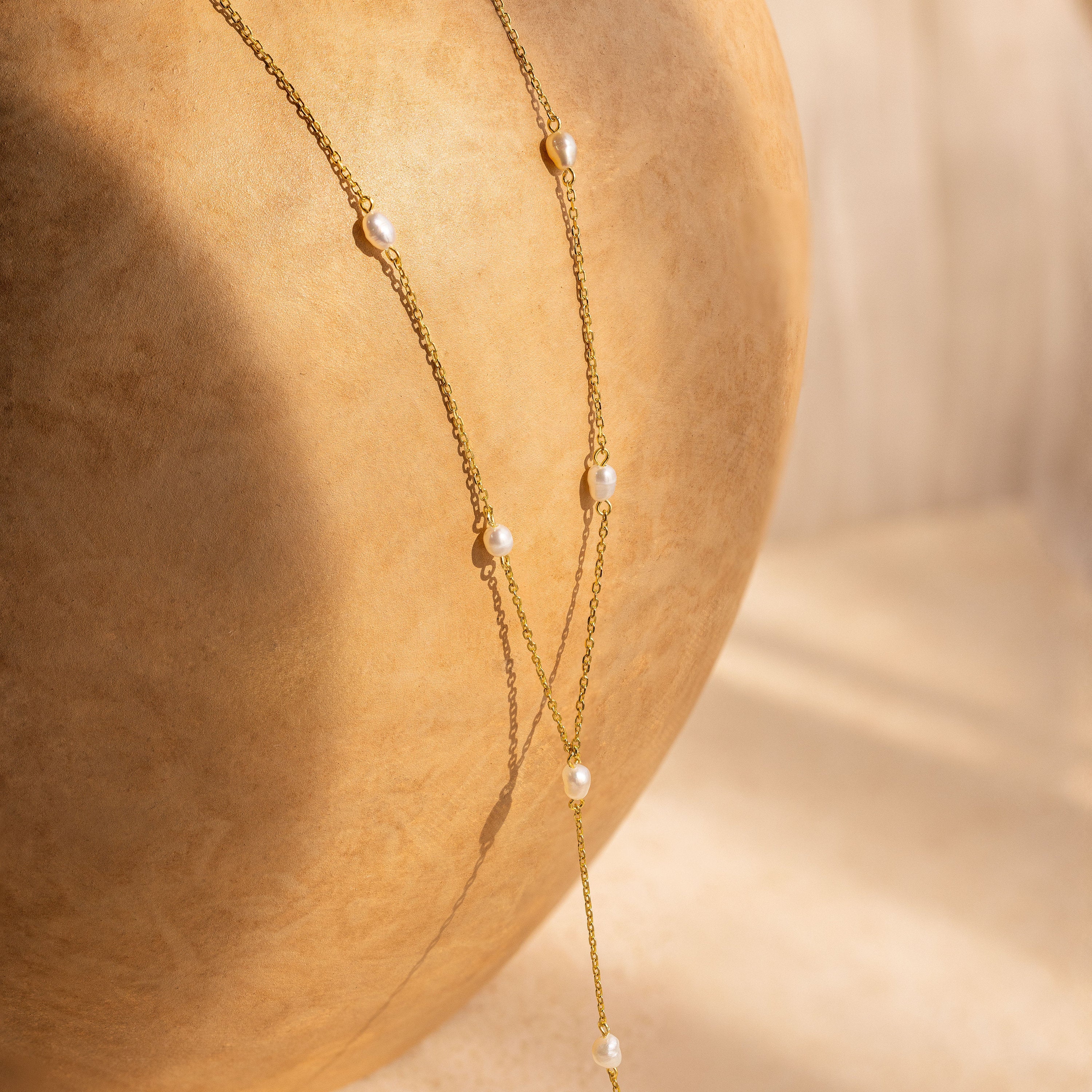 Pearl Station Lariat Necklace 18K Gold